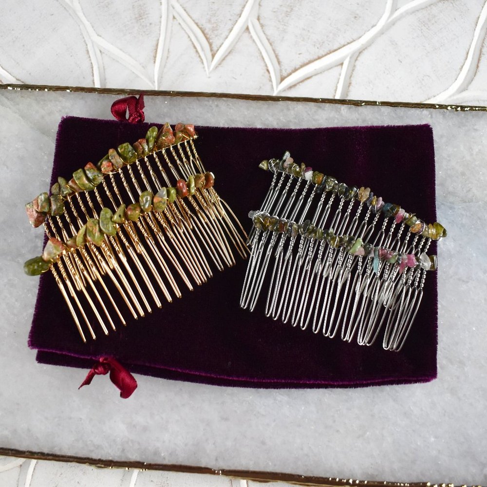 Unakite or Mixed Tourmaline Hair Comb
